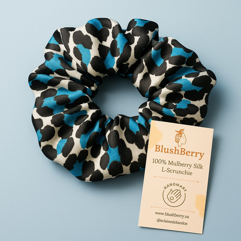 Blue and Black cheetah print-Pure Mulberry Silk Scrunchie – 20 Momme | 5.5"