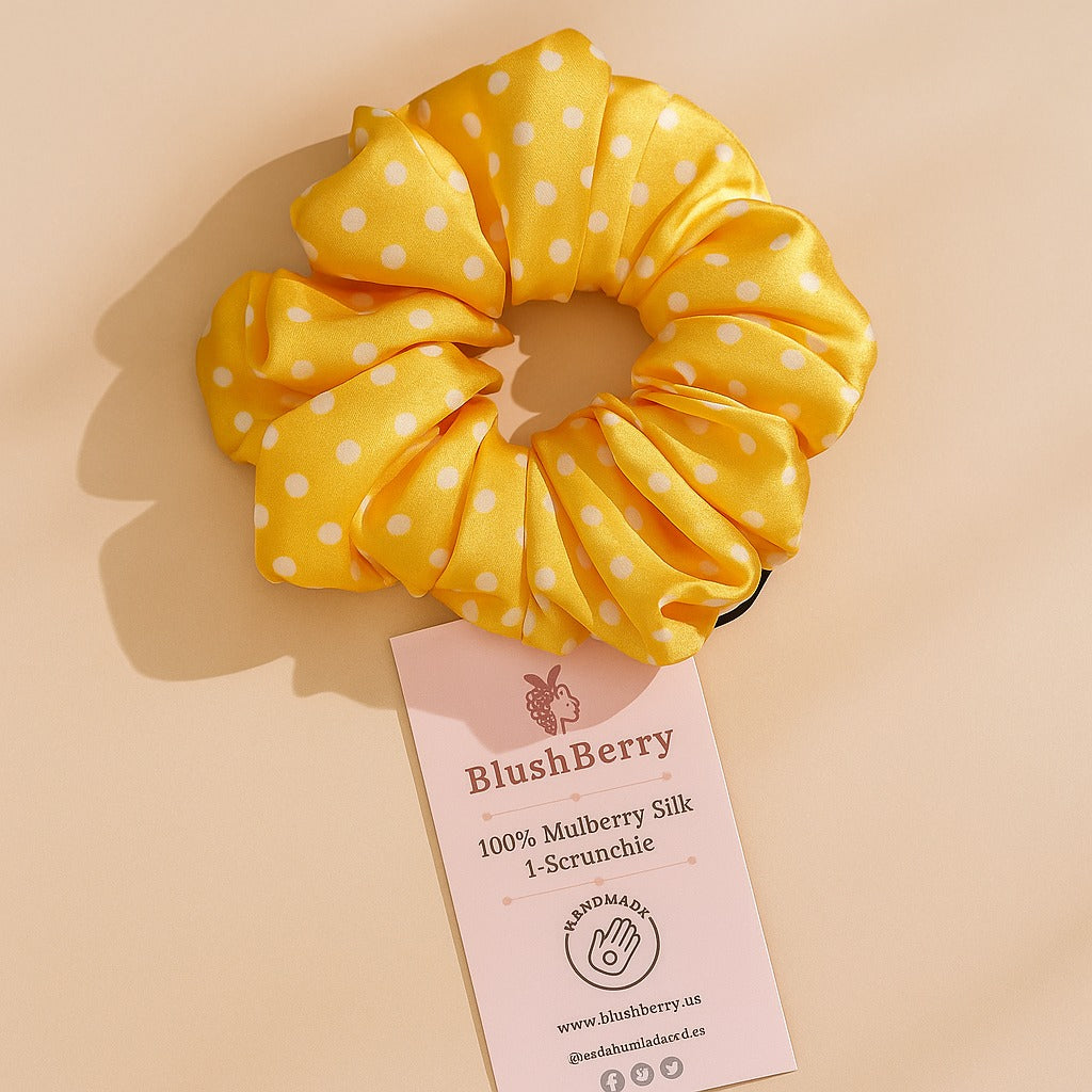 Yellow with white polka dots-Pure Mulberry Silk Scrunchie – 20 Momme | 5.5"