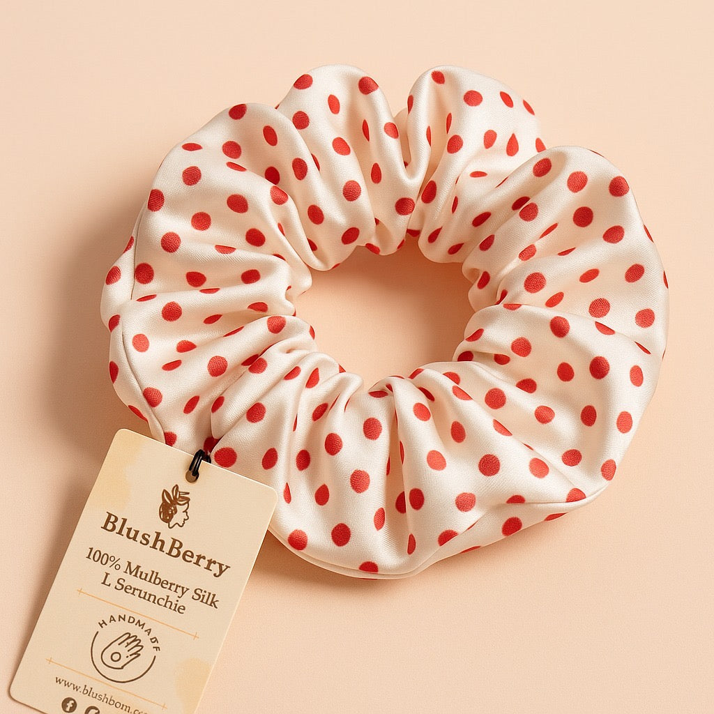 White base red polka dots, Pure Mulberry Silk Scrunchie – 20 Momme | 5.5"
