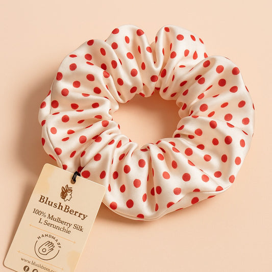 White base red polka dots, Pure Mulberry Silk Scrunchie – 20 Momme | 5.5"